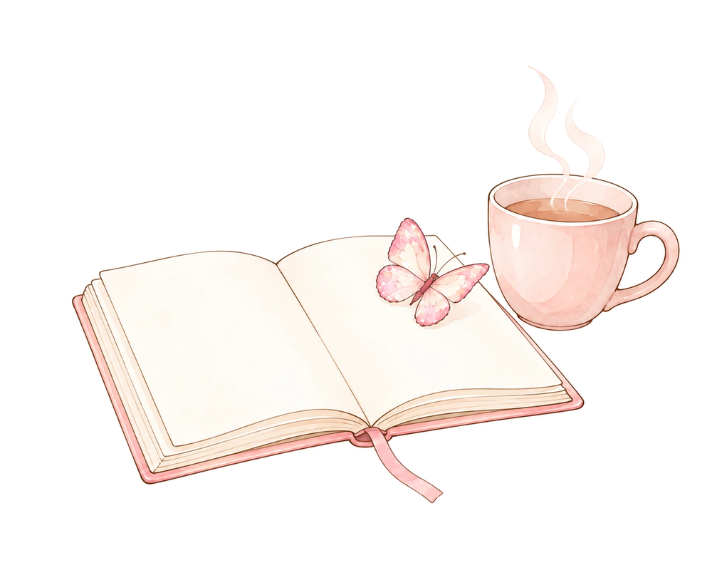 ノートとカップに蝶がとまるイラスト