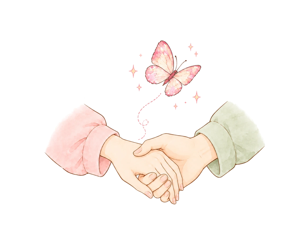 つないだ手の上を蝶が飛ぶイラスト
